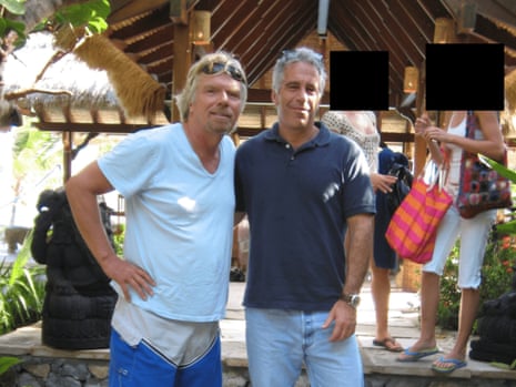 Billionaire Richard Branson and Jeffrey Epstein in a partially redacted photo.
