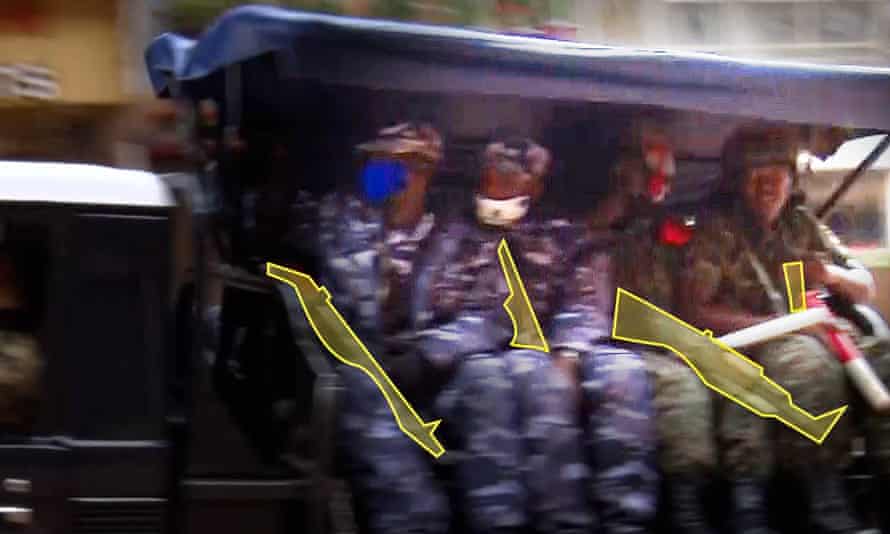 Another still from the BBC Africa Eye footage highlights the weapons being used by the people on the patrol truck.