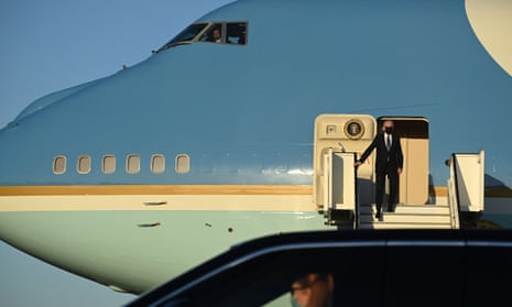 Joe Biden arrives at Melsbroek Military Airport, near Brussels, on Sunday from the UK for the Nato summit. 
