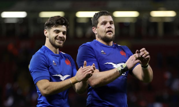 France’s Romain Ntamack and Paul Willemse celebrate after the match.