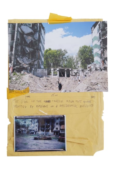 Photos show a bomb crater and destroyed residential building in Ukraine, with handwritten annotations