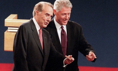 Bob Dole, left, and Bill Clinton after a TV debate in 1996.