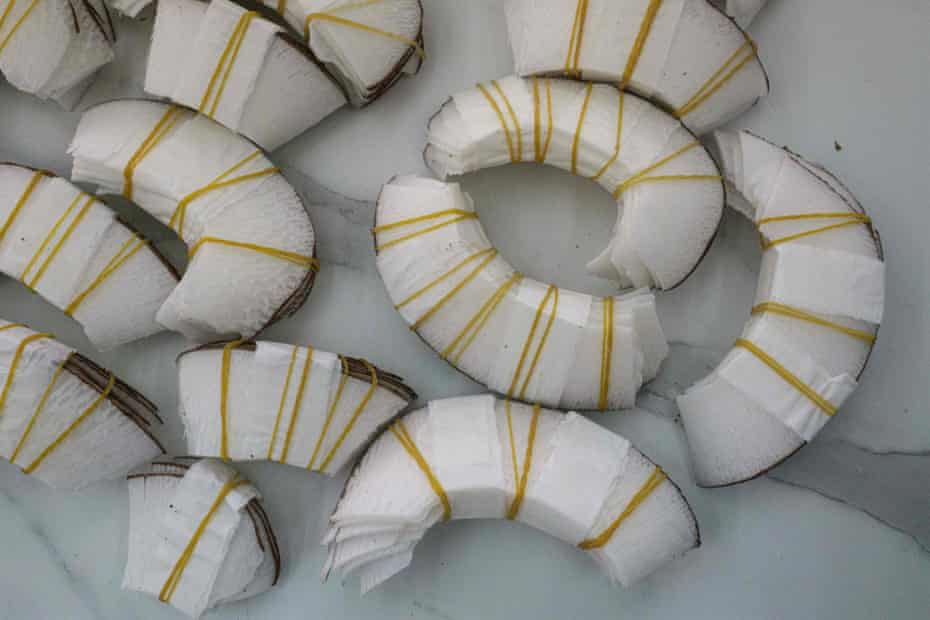 A coco de mer shell on display in a souvenir shop in Seychelles International Airport, Mahe.