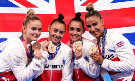 Team GB’s Alice Kinsella, Jennifer Gadirova, Jessica Gadirova and Amelie Morgan pose with their bronze medals.