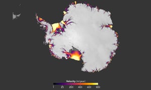 The flow of Antarctic ice, derived from feature tracking of Landsat imagery.