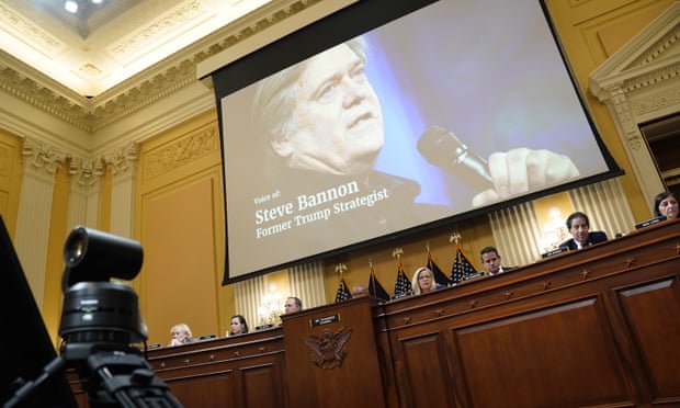 Former White House Chief Strategist Steve Bannon appears on a video screen during a January 6 hearing on Capitol Hill on 21 June.