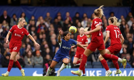 Sam Kerr of Chelsea controls the ball against Liverpool.