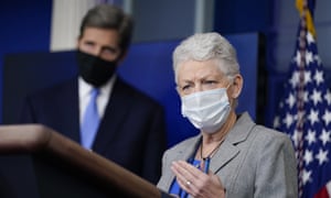 National Climate Adviser Gina McCarthy and international climate envoy John Kerry speak during a press briefing at the White House.