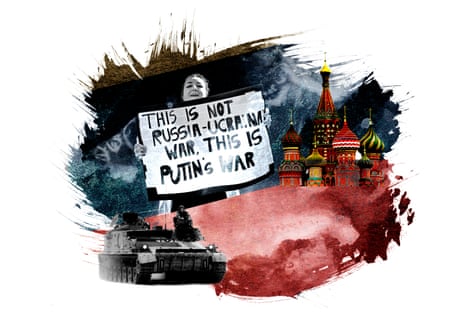 Illustration showing the St Basil’s Cathedral, a tank and a woman holding a sign reading ‘This is not Russia-Ukraine war, this is Putin’s war’