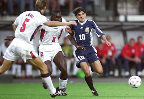 Tony Adams, Sol Campbell and Ariel Ortega of Argentina.