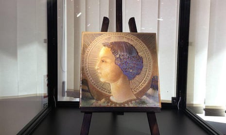 Small tile bearing an image of the Archangel Gabriel, which art experts in Rome claim is the oldest surviving work by Leonardo da Vinci.