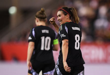 Mariona celebrates scoring for Arsenal Women against Bayern Munich.