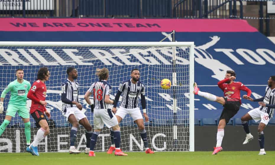 Bruno Fernandes hooks home for Manchester United to level the scores against West Brom in their Premier League match.