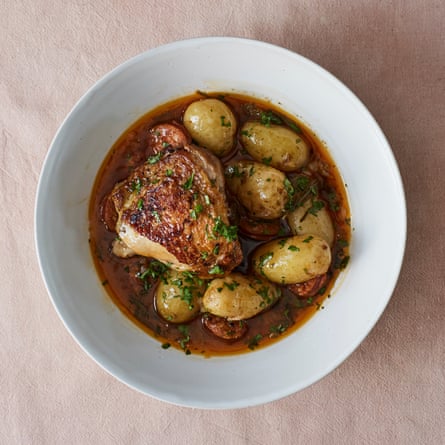José Pizarro’s sherry-braised chicken with jersey royals and chorizo.