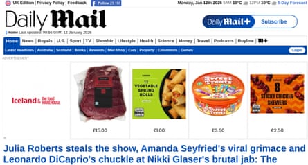 Iceland ad on the Daily mail website