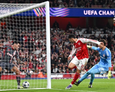 Gabriel Martinelli snaffles a rebound off the post to put Arsenal ahead against Olympiakos