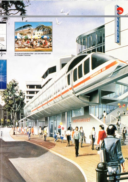 A futuristic 80s illustration of the monorail in operation with pedestrians approaching the station