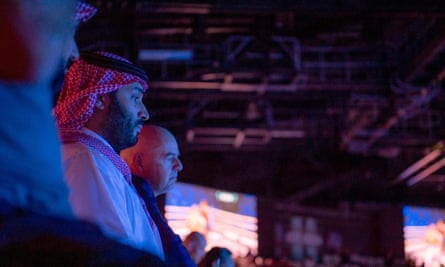 Saudi crown prince Mohammed bin Salman (centre) and FIFA president Gianni Infantino (right) watching the boxing match between Ukraine’s Oleksandr Usyk and Britain’s Anthony Joshua.