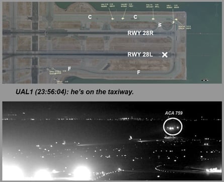 Images show Air Canada flight 759 attempting to land at the San Francisco international airport. Top is a map of the runway; centre is a call to air traffic control from a United plane on the taxiway. The bottom image was taken from a San Francisco airport video.