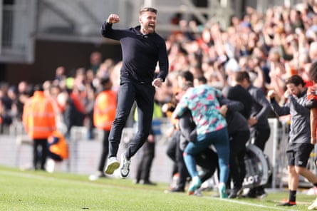 Luton Town manager Rob Edwards celebrates after Carlton Morris scored a last minute winner against Bournemouth