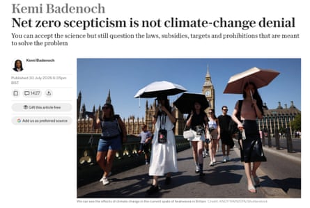 Screengrab of Kemi Badenoch’s column headlined: ‘Net zero scepticism is not climate-change denial’