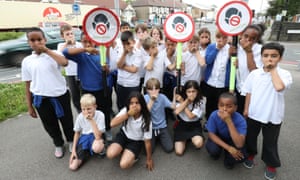 Pupils from Bowes Primary school in Enfield, north London, protesting about levels of air pollution outside their school, which is adjacent to the North Circular ring road. Tens of thousands of children in a quarter of all London’s schools are exposed to illegal levels of air pollution that can cause permanent damage to their health, a study has found.