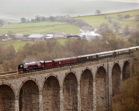The royal train crossing a viaduct
