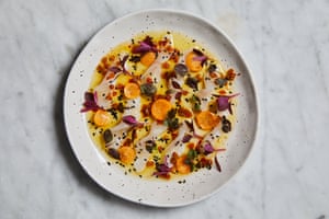 ‘It tastes like southern Europe shaking hands with Asia’: flouder with garlic scapes, Cape gooseberry and black sesame.