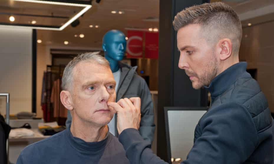 War Paint founder Danny Gray does Sam Wollaston’s makeup at the The Pitch in John Lewis, Oxford Street.