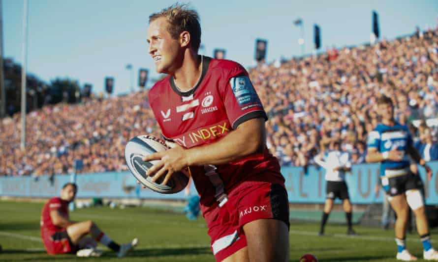 Max Malins plays his third try for the Saracens against Bath on October 17