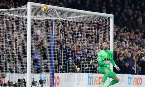 Tottenham goalkeeper Hugo Lloris can only watch as Hakim Ziyech’s superb strike curls past him to give Chelsea the lead at Stamford Bridge