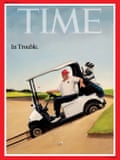 Time cover of Trump in a golf buggy trying to reverse out of a bunker.