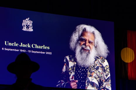 The stage of the Hammer Hall set up for the state funeral service for Uncle Jack Charles.