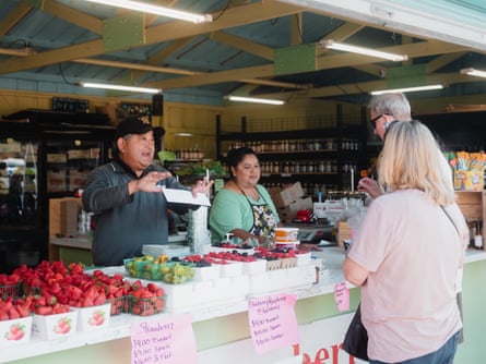 In the shade of a large, covered farm stand, with shelves of produce, a tin roof, wood beams and florescent lights, a middle-aged Japanese man wearing a ball cap and a long-sleeved shirt gestures as he speaks to two white folks on the other side of a counter. A Latina woman in an apron stands beside him, wearing an apron. The counter is laden with colorful boxes of strawberries and grapes.