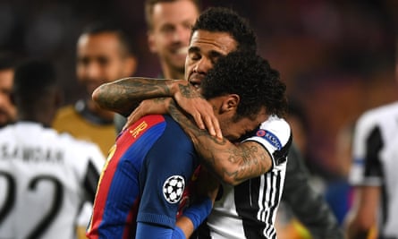 Dani Alves comforts Neymar after the Juventus wing-back helped send his former club out of the Champions League.