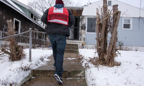 American Red Cross worker goes door to door in the US