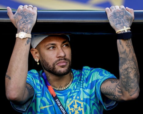 Neymar looks on from the bench before the 2026 World Cup match between Brazil and Haiti