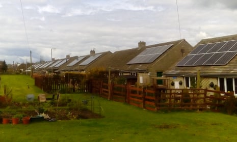 Solar panels on the roofs of trial homes in Oxspring, near Barnsley in South Yorkshire.