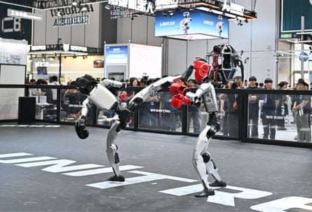 Two humanoid robots wearing boxing gloves and headgear fight in a ring as people watch