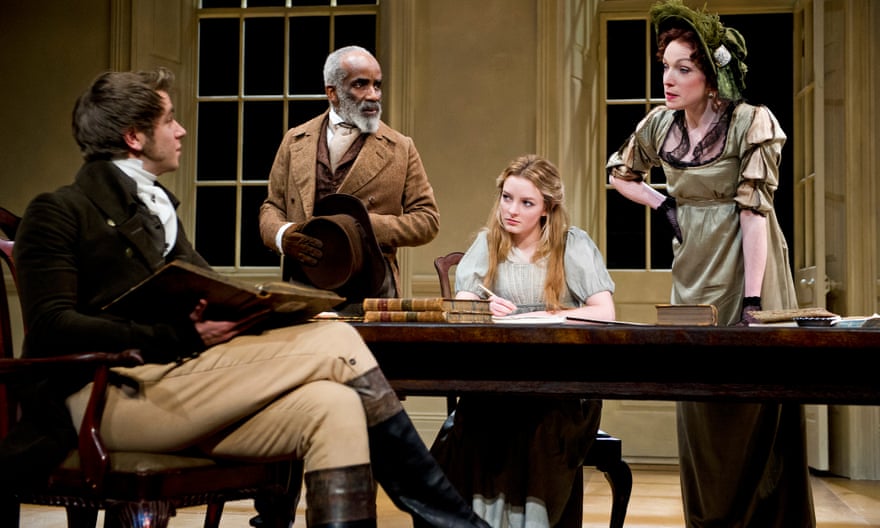 From left: Wilf Scolding (Septimus Hodge), Larrington Walker (Richard Noakes), Dakota Blue Richards (Thomasina Coverly) and Kirsty Besterman (Lady Croom) in Arcadia by Tom Stoppard at the Theatre Royal, Brighton, 2015.