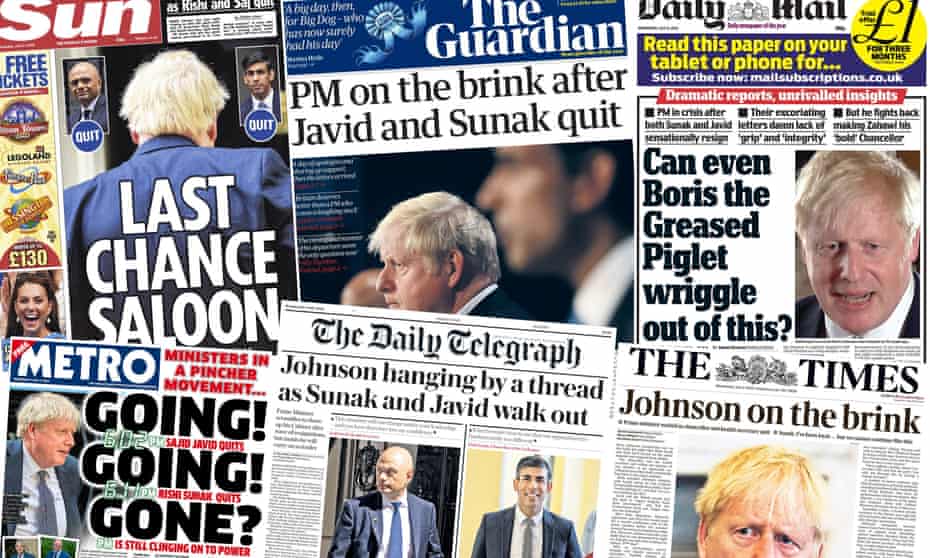 How some of the UK front pages cov ered the dramatic resignations of Rishi Sunak and Sajid Javid. 
