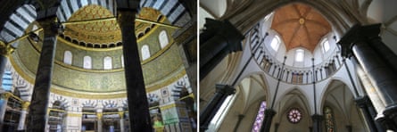 Looks familiar? … from left, the interior of Jerusalem’s Dome of the Rock, and Temple Church in London.