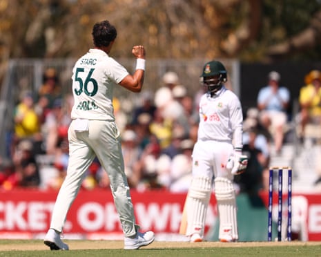 Mitchell Starc takes the wicket of Shadman Islam on day two of the second Test between Australia and Bangladesh at the Great Barrier Reef Stadium in Mackay