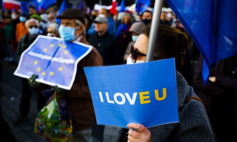 Thousands of people take part in a pro-EU demonstration in  Krakow, Poland on 10 October.
