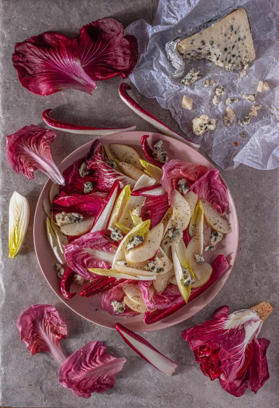 Roquefort salad with pears, chicory and walnut oil, by Simon Hopkinson. Food styling: Henrietta Clancy