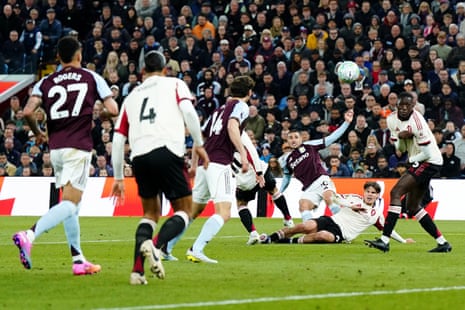 Aston Villa's Emi Buendia (centre right) goes close and hits the woodwork.