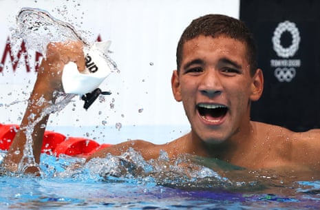 Ahmed Hafnaoui of Tunisia after winning the men’s 400m freestyle final swimming event at the at the Tokyo Aquatics Centre. 