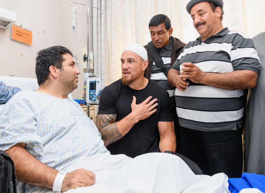 All Blacks Sonny Bill Williams speaks to Ahmad Feroz, a survivor of the shootings at Al Noor mosque, during a visit to Christchurch Hospital in March 2019.