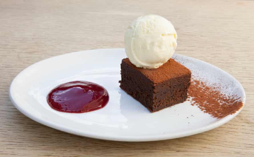 The chocolate brownie with raspberry sauce at The Alma, Crystal Palace, London.