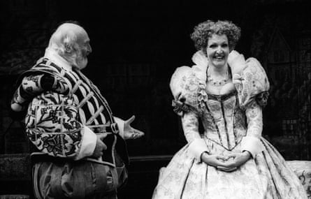 Bill Maynard (Sir John Falstaff) and Penelope Keith (Mistress Ford) in The Merry Wives Of Windsor at Chichester Festival theatre, 1990.